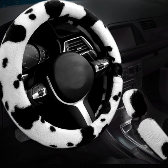 Cow Print Fluffy Universal Steering Wheel Cover - Picture 2 of 3